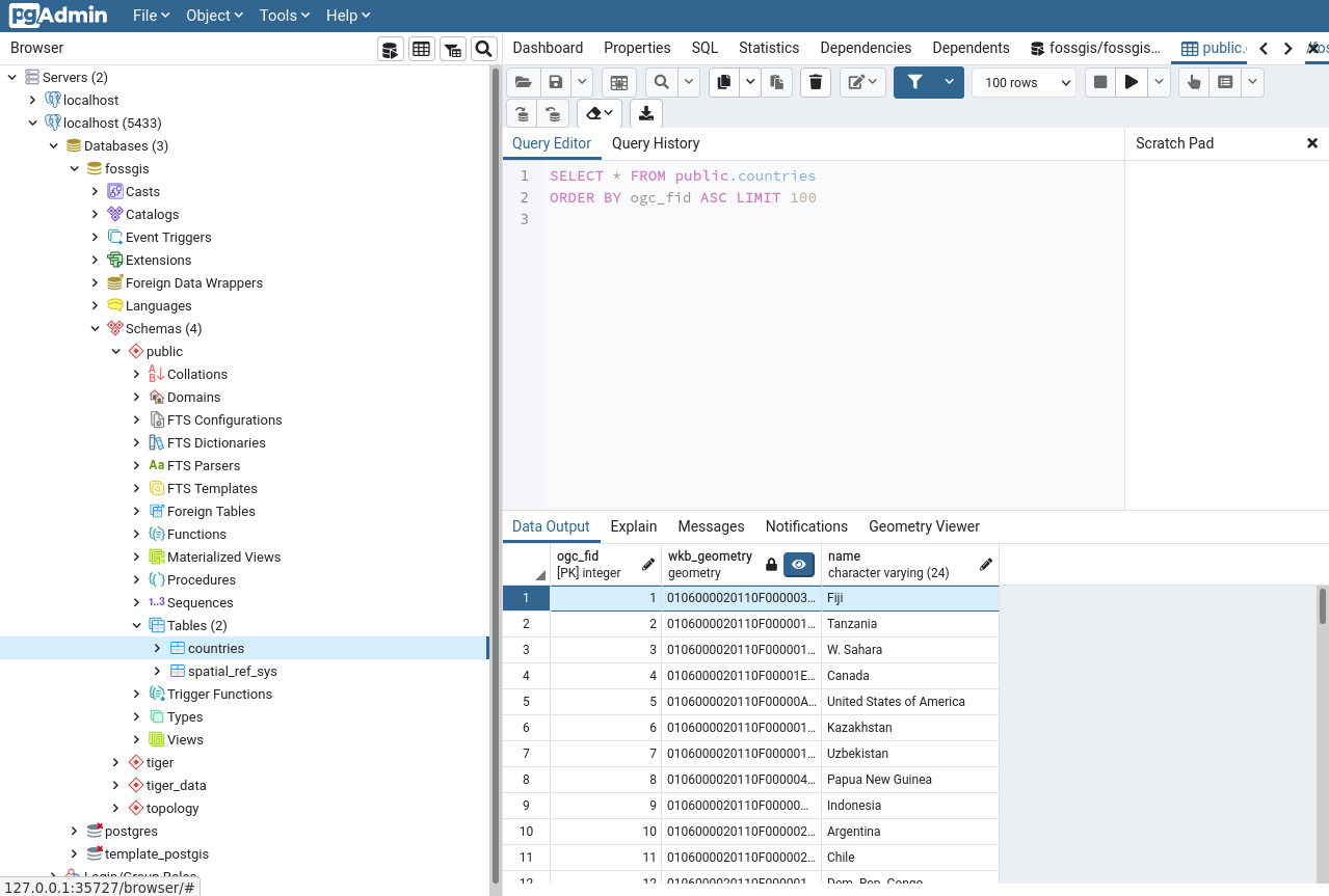 pgAdmin nach Import der Geodaten