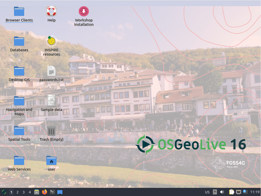 Die Startansicht der OSGeo Live 16.0 auf Ihrem Rechner.