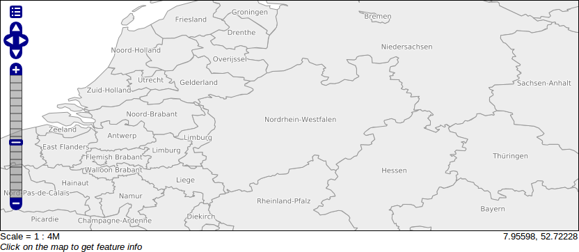 Layer states_provinces mit zugehörigem Stil und zentriert auf Nordrhein-Westfalen