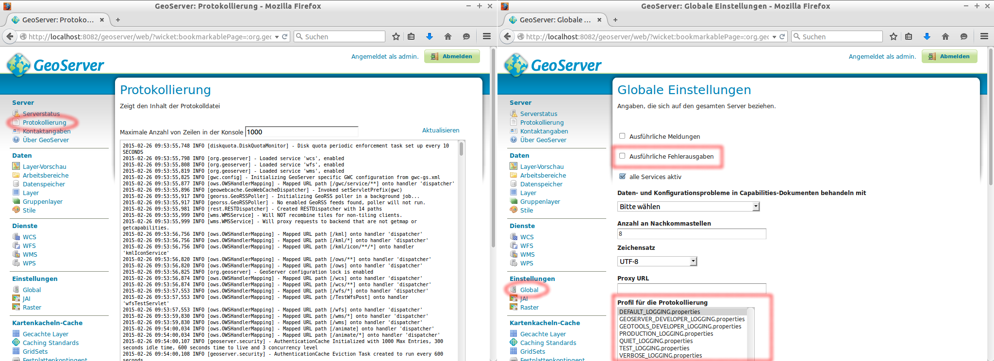 Protokollierung in der GeoServer-Weboberfläche
