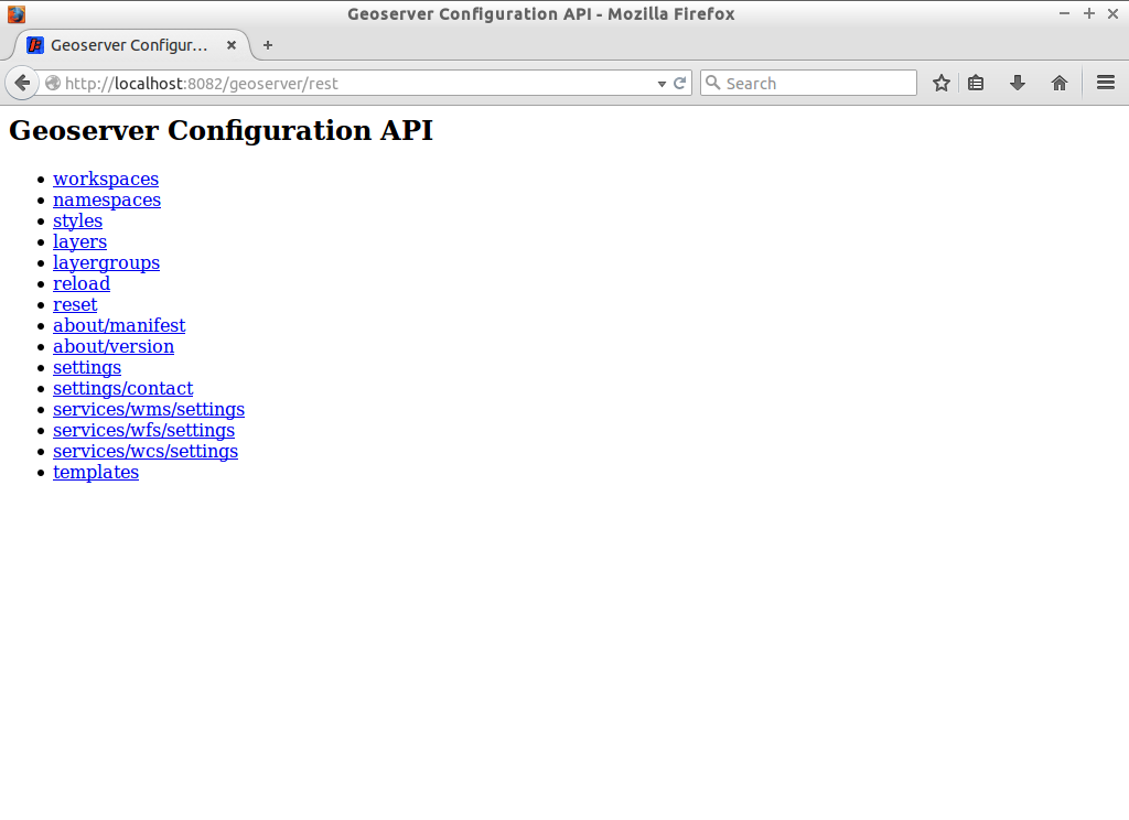 Startansicht der GeoServer Configuration API.