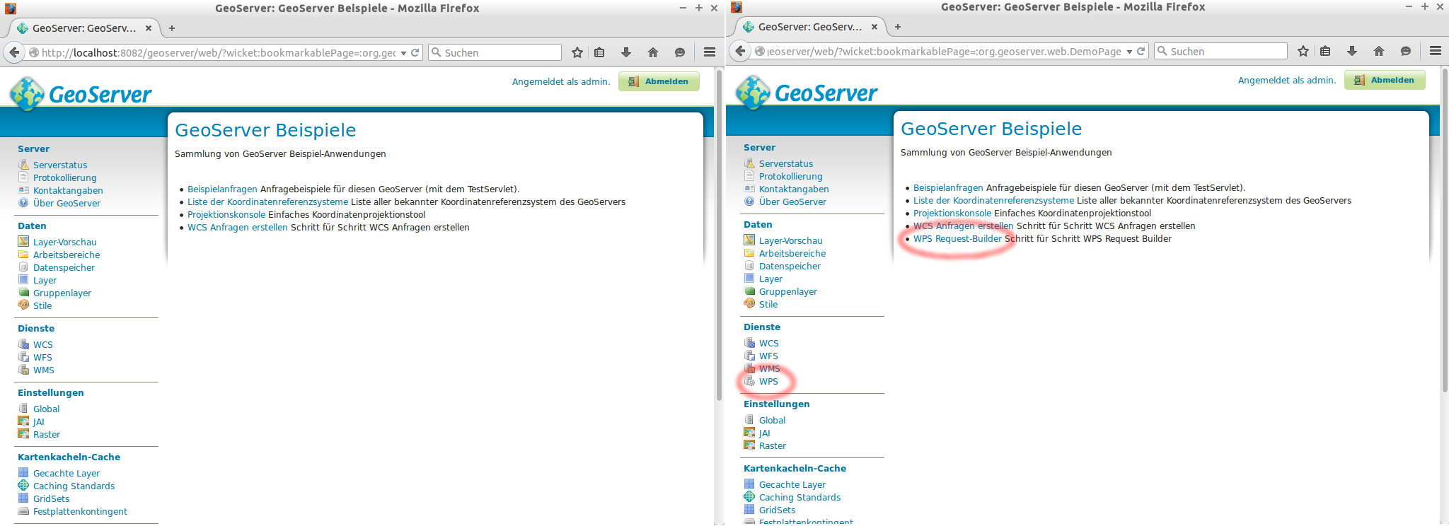 GeoServer-Weboberfläche (Bereich Demo) vor und nach der WPS-Installation