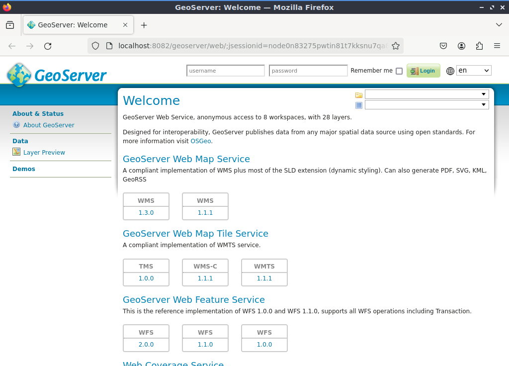 GeoServer-Weboberfläche nach erfolgreichem Start